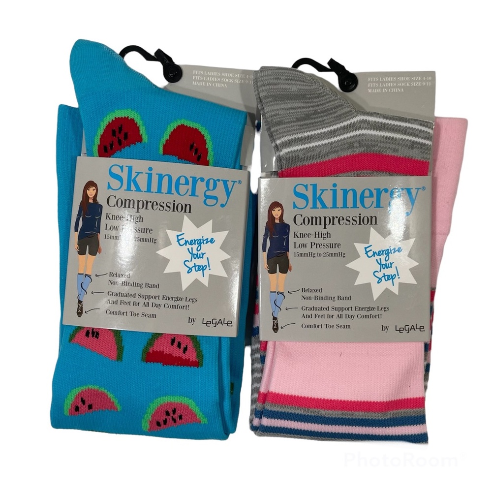 2 Pair: Skinergy Compression Knee-High Socks by LeGale Watermelon & Stripes